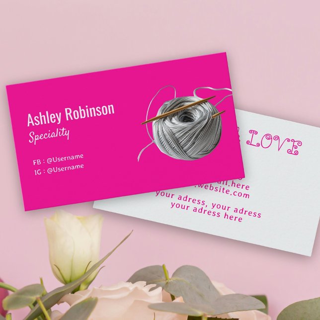 Haken aus Silbergarn, handgefertigt mit Liebe pink Visitenkarte (Silver yarn crochet hook handmade with love pink business card)