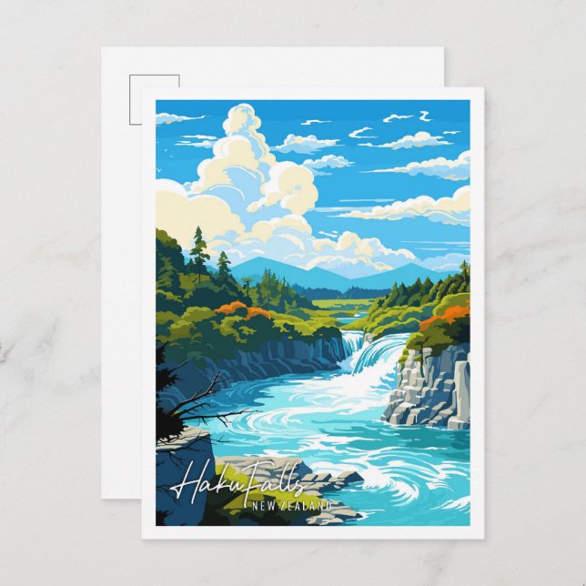 Haku Falls New Zealand Vintage-Reise-Abbildung Postkarte (Vorne/Hinten)