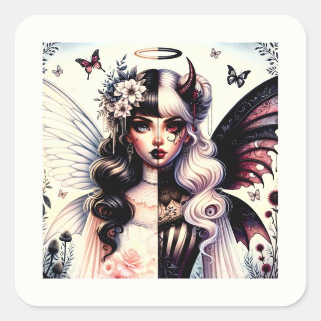 Halb Angel Devil Dark Beauty Broken Wing Fairy Quadratischer Aufkleber (Vorderseite)
