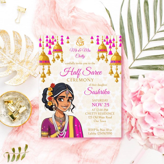 Halb-Saree-Zeremonie-Budget laden niedliche indisc (Half saree ceremony budget invitation template cute Indian girl in a pink sari cartoon gold bells )