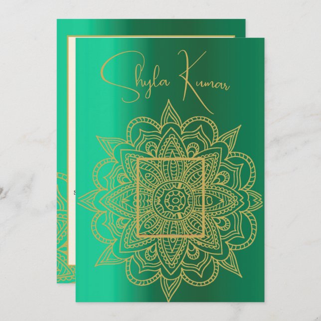 Halb-Saree-Zeremonie Hindu Indian Green Gold Einladung (Vorne/Hinten)