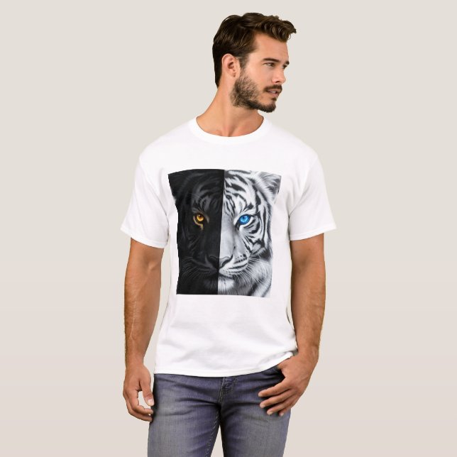 Halb schwarzes, halb weißes Feuertiger-Gesicht Dig T-Shirt (Vorne ganz)