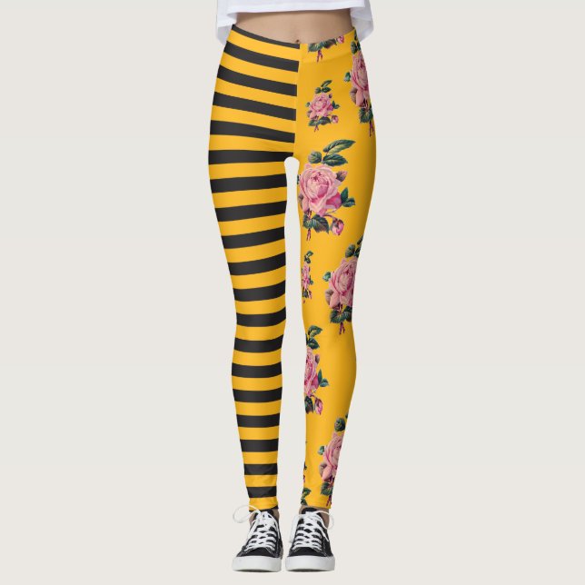 Halb und halb Streifen-Rosen-Blumenschwarzes und Leggings (Vorderseite)