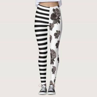 Halb und halb Streifen-Rosen-Schwarzweiss-Blumen Leggings