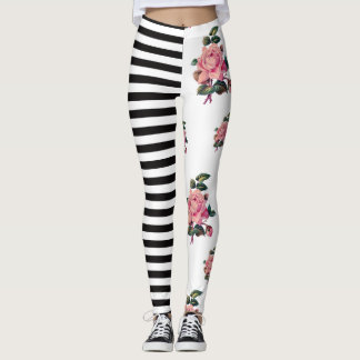 Halb und halb Streifen und Rose mit Blumen Leggings