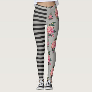 Halb und halb Streifen und Rose mit Blumen Leggings