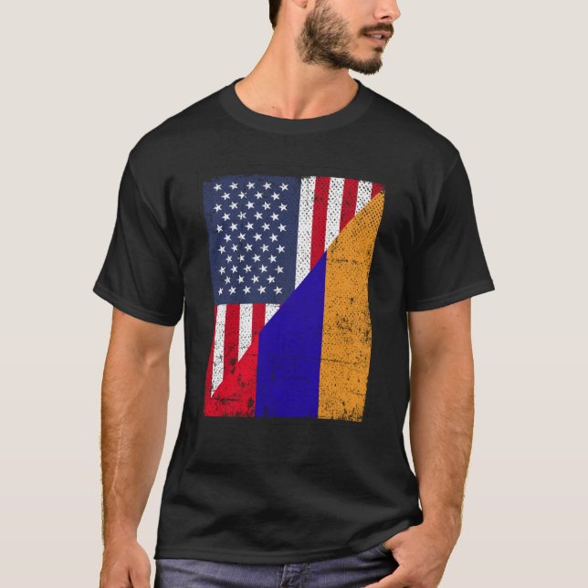 Halbe US-Flagge Halbarmenische Flagge Amerikanisch T-Shirt (Vorderseite)