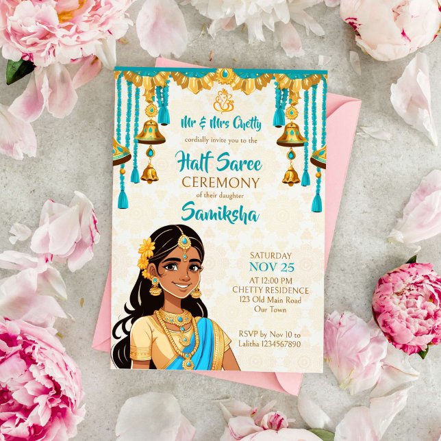 Halbfeier Saree niedliche indische Girl-Bue und Go Einladung (Half saree ceremony template invitation cute Indian girl with sari cartoon blue gold bells decor)