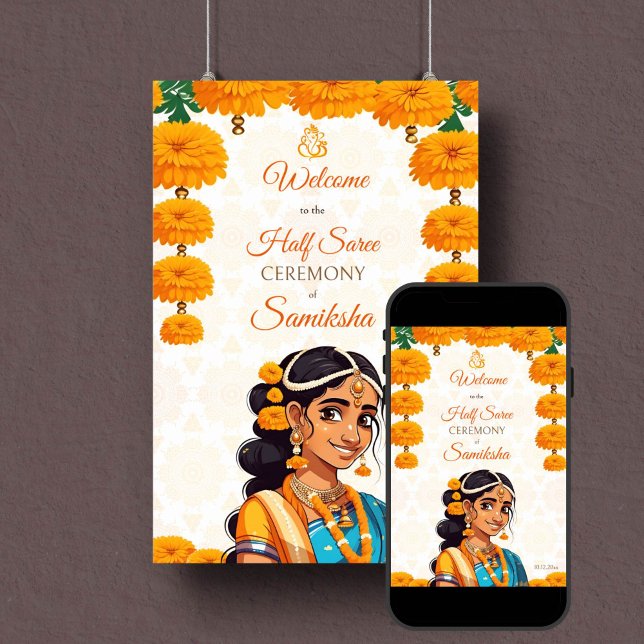 Halbfeier Saree niedliches indisches Mädchen Begrü Poster (Half saree ceremony welcome sign poster instant download cute Indian girl in sari with marigolds)
