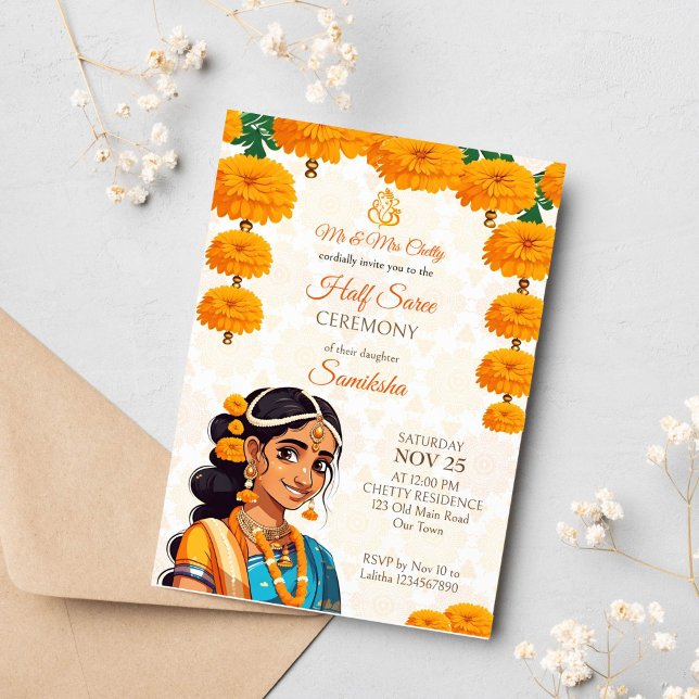 Halbfeier Saree niedliches indisches Mädchen mit M Einladung (Half saree ceremony template invitation instant download cute Indian girl in traditional clothes)