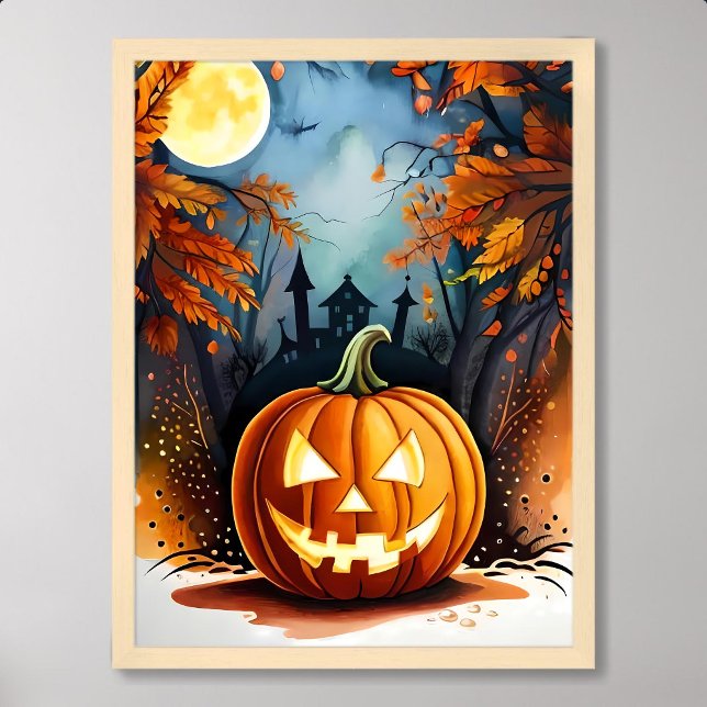 Halbmalerei beängstigend glühender Kürbismondlicht Poster (halloween painting scary glowing pumpkin moonlight)