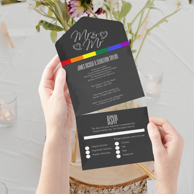 Halbpension Hochzeit Doodle Herzen Mr. und Mr. All In One Einladung (Von Creator hochgeladen)