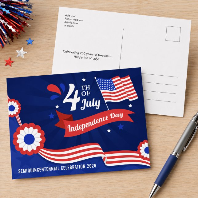 Halbquincentennial-Feier zum 4. Juli 2026 Postkarte (Amend the front text caption, and add return address & your greeting on the back to personalize.)