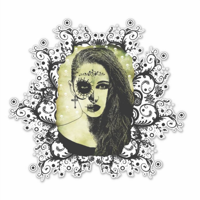 Halbskull Girl Face Day of the Dead Goth Art St. Aufkleber (Vorderseite)
