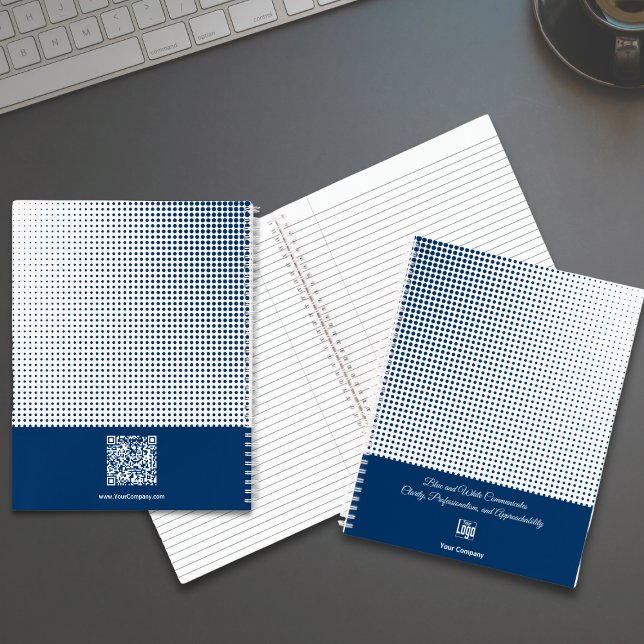 Halbton Muster Blau Weißes Kleinunternehmen Notizbuch (Half Tone Pattern Blue White Small Business Notebook, Tagline, Logo, Company, QR code)