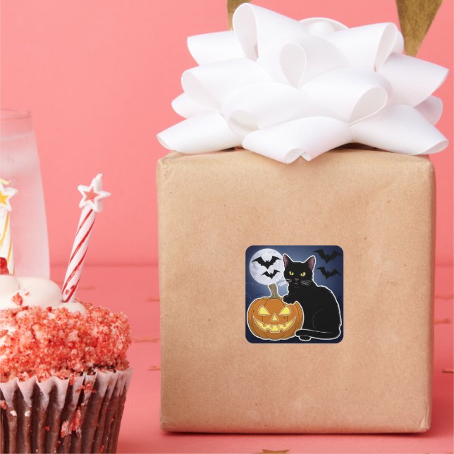 Halbwaschkatze mit Kürbis Quadratischer Aufkleber (Party)
