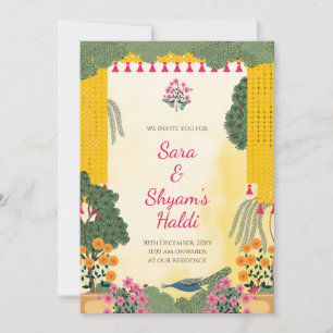 Haldi-Einladung   Pfauen-Ringelblumen-Blumengarten Einladung
