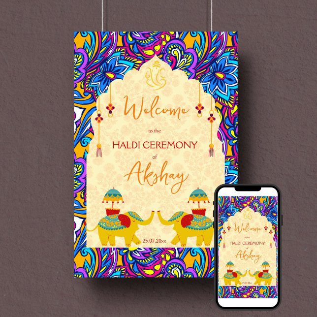 Haldi-Indische Hochzeit Elefanten blaues Begrüßung Poster (Haldi welcome sign poster instant download yellow Indian wedding elephants blue oriental pattern)