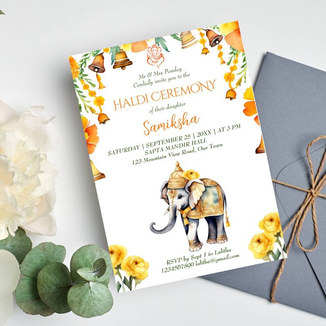 Haldi-Indische Hochzeit Elefantengelbe Blumen Einladung (Haldi Indian wedding elephant editable template invitation digital download yellow flowers bells)