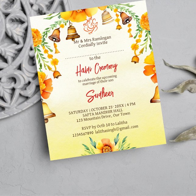 Haldi Marigolds Glocken indische Hochzeitsbudget e (Haldi template invitation digital download Indian wedding whimsical bells marigolds garlands Ganesha)