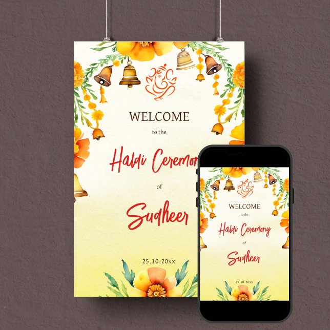 Haldi marigolds glocken indische Hochzeitsempfangs Poster (Haldi Indinian wedding welcome sign template instant digital download yellow flowers bells garlands)