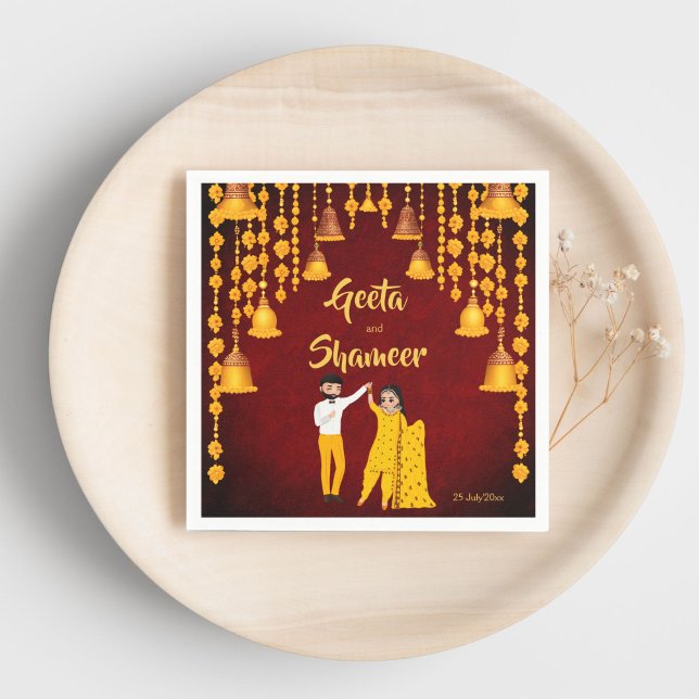 Haldi Mehndi Sangeet Indischer Hochzeitmaroon gelb Serviette (Haldi Mehndi Sangeet Indian wedding maroon and yellow template Napkins personalized tableware decor)