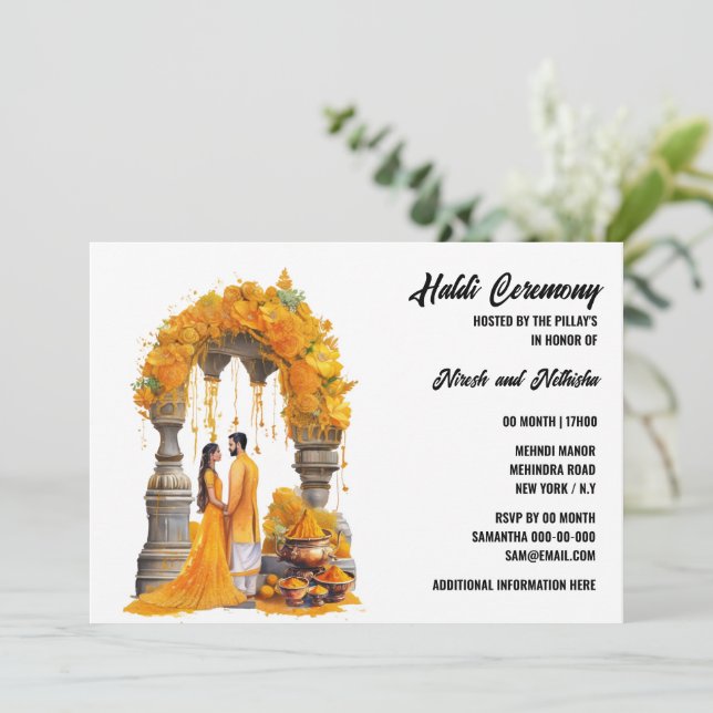 Haldi turmeric floral vor Hochzeit Segen Familie Einladung (Stehend Vorderseite)