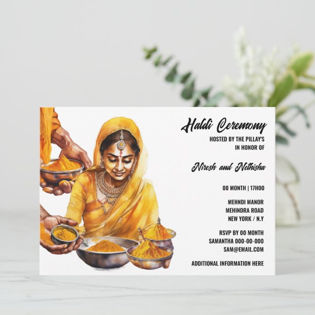 Haldi turmeric indische Vorhochzeit elegant Einladung (Stehend Vorderseite)