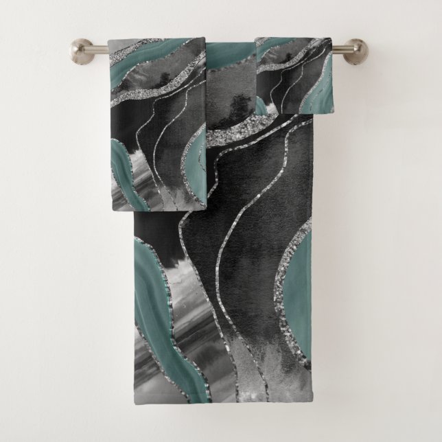 Hale Aquamarin Gray Marble Agate Silver Glitzer Gl Badhandtuch Set (Insitu)