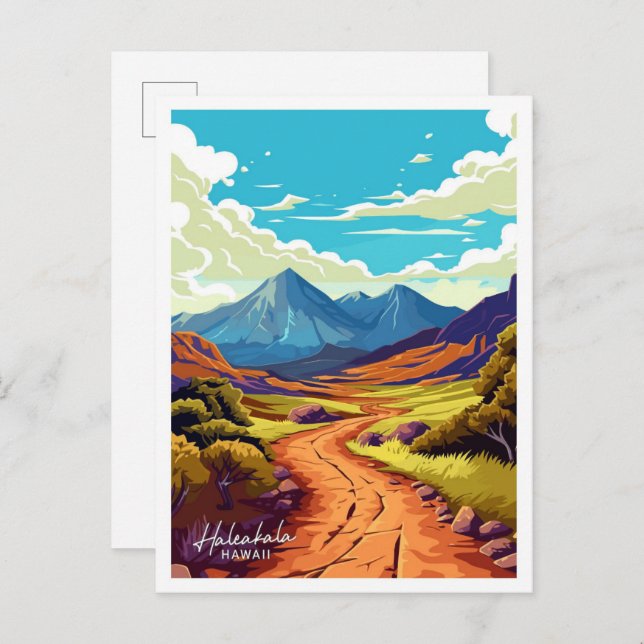 Haleakala Hawaii Reise Vintage Illustration Postkarte (Vorne/Hinten)