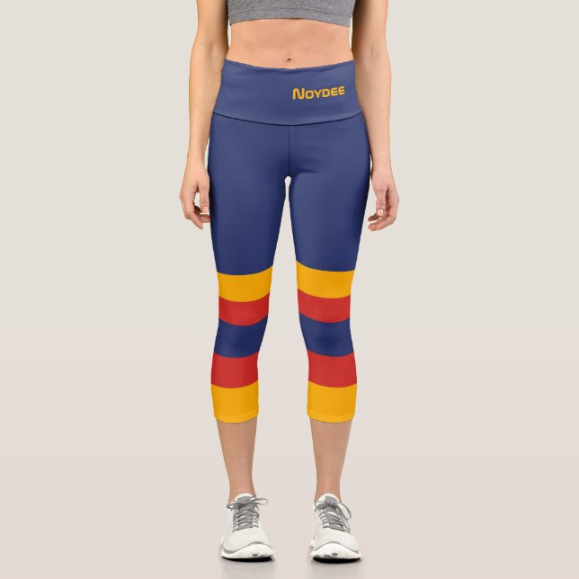 Half and Stripes Horizontal Lines Blue Yellow Red Capri Leggings (Vorderseite)