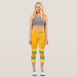 Half and Stripes Horizontal Orange Yellow Green Capri Leggings