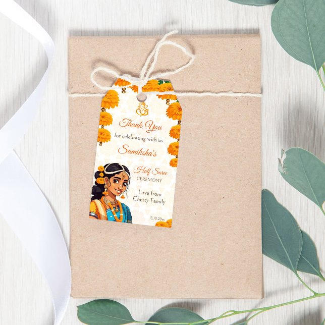 Half Saree Zeremonie niedliche indische Girl Gunst Geschenkanhänger (Half Saree ceremony cute Indian girl favor Gift Tags marigolds favor tags)