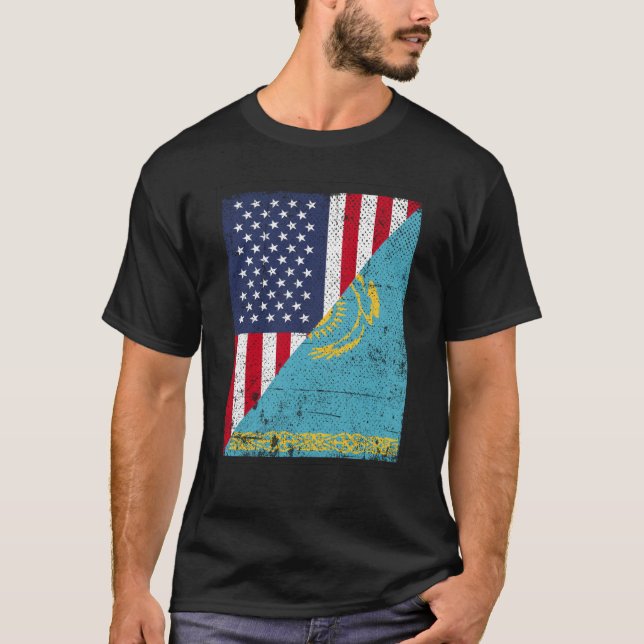 Half USA Flag Half Kazakhstan Flag American Kasach T-Shirt (Vorderseite)
