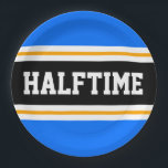HALFTIME Hellblau Schwarz-weiß Gelbe Streifen Pappteller<br><div class="desc">Dieses sportliche,  sportliche Design zeichnet sich durch feinen HALFTIME-Text in einem hervorgehobenen,  schwarzen,  breiten Mittelstreifen mit weißen und gelben Pinstreifen gegen hellblaue Außenstreifen aus. Der Text kann personalisiert sein.</div>