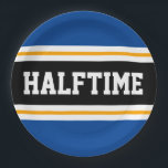 HALFTIME Schwarz-weiß-gelbe Party Streifen Pappteller<br><div class="desc">Dieses sportliche,  sportliche Design zeichnet sich durch feinen HALFTIME-Text in einem hervorgehobenen,  schwarzen,  breiten Mittelstreifen mit weißen und gelben Rennstreifen gegen tiefe blaue Außenstreifen aus. Der Text kann personalisiert sein.</div>