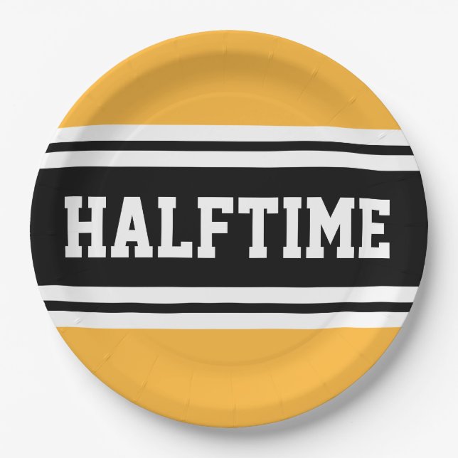 HALFZEIT Fett gelbe Schwarz-weiße Racing Streifen Pappteller (Vorderseite)