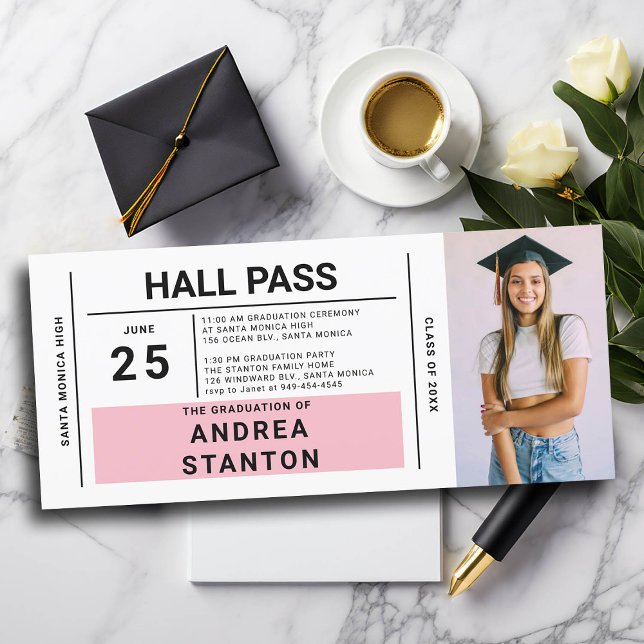 Hall Pass Grad Party Rosa Einladung (graduation party ideas high school hall pass invitation template grad diy personalized pink ticket)