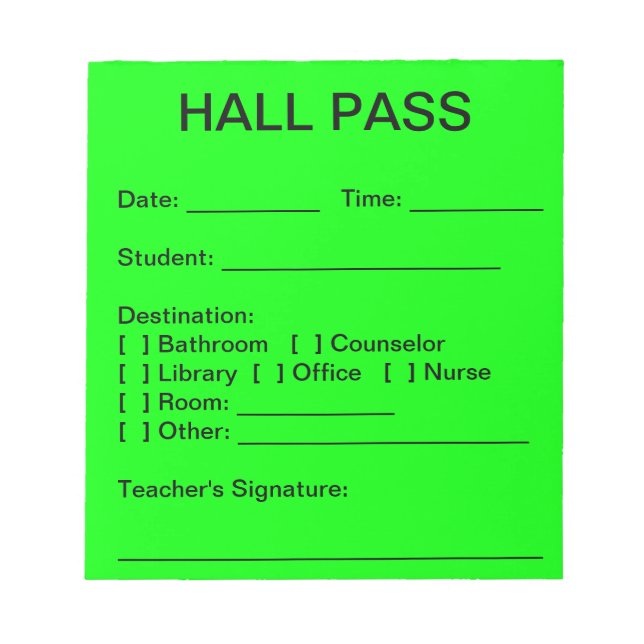 Hall Pass Pad (Neon Green) Notizblock (Vorderseite)