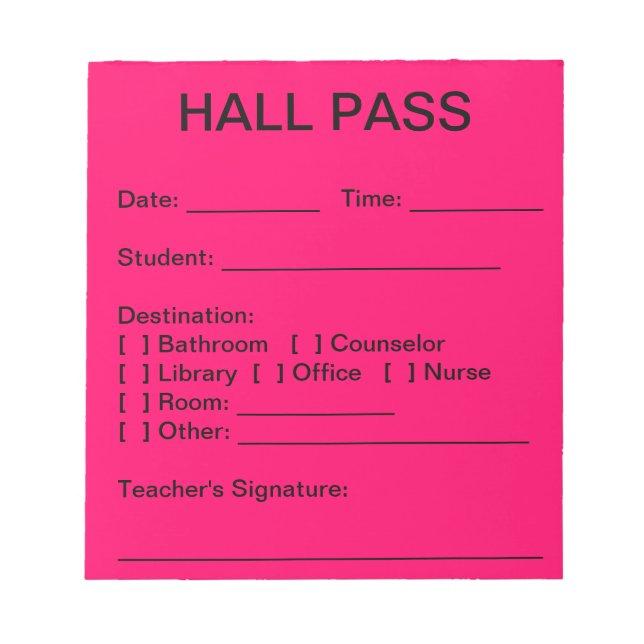 Hall Pass Pad (Neon Pink) Notizblock (Vorderseite)
