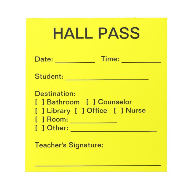 Hall Pass Pad Notizblock (Vorderseite)