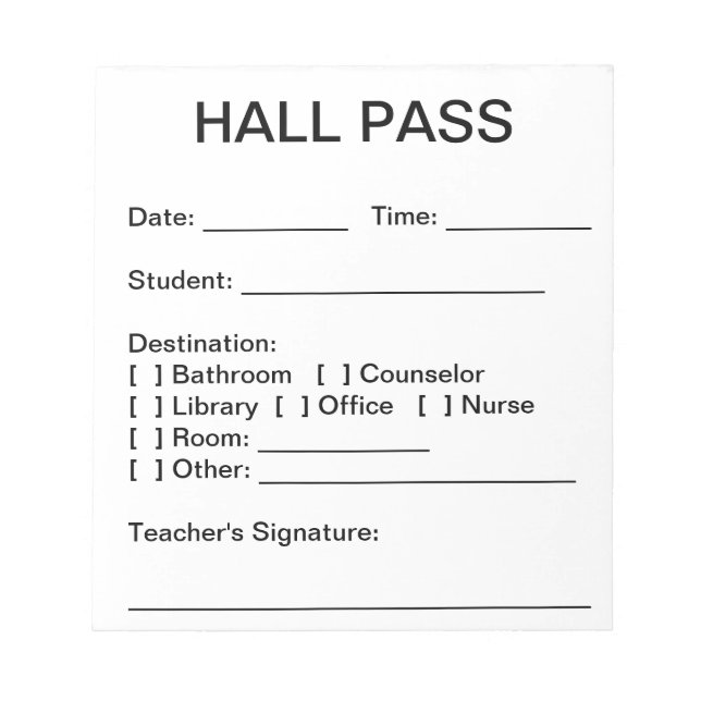 Hall Pass Pad (weiß) Notizblock (Vorderseite)