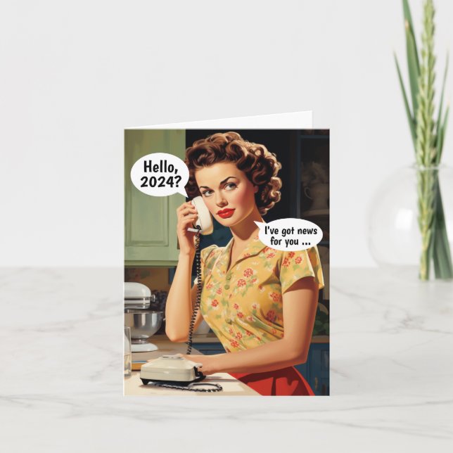 Hallo, 2024: Got News für Sie Retro Neujahr Karte (Vorderseite)