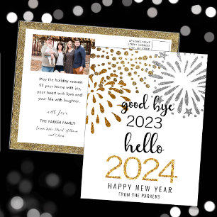 Hallo 2025 Feuerwerkskörper Neujahr Gold Foto Feiertagspostkarte