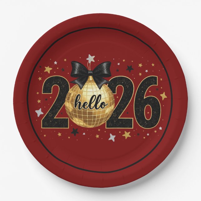 Hallo 2026 Rotes Glitter Glitzer Design Pappteller (Vorderseite)