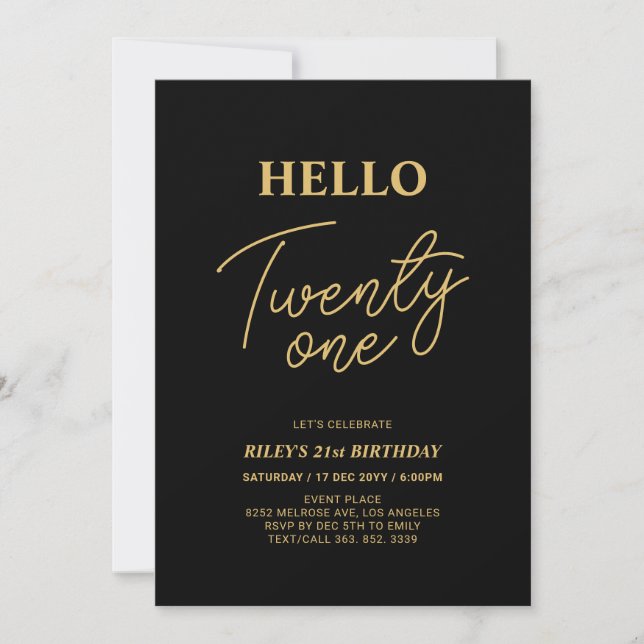 Hallo 21 Gold & Black 21. Geburtstag Party Einladung (Vorderseite)