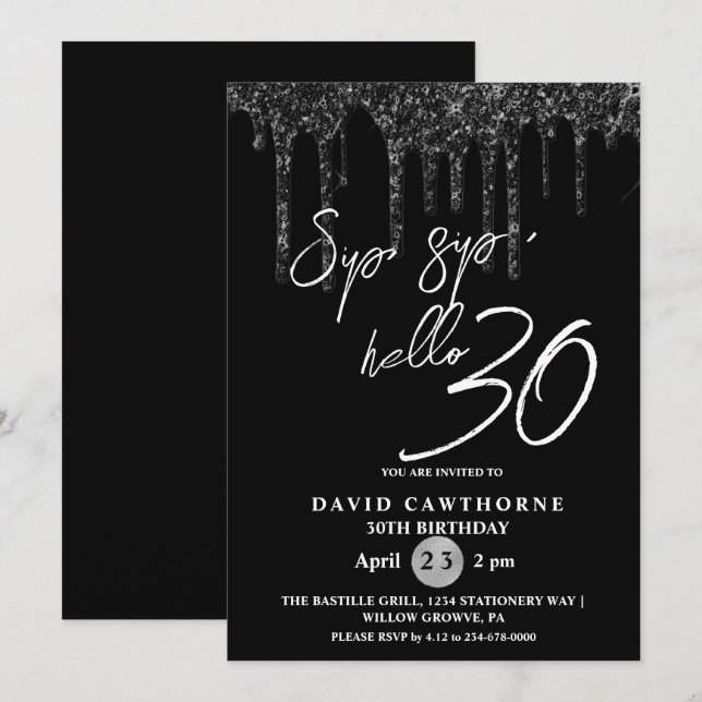 Hallo 30. Black Glitzer Geburtstagsparty Einladung (Vorne/Hinten)