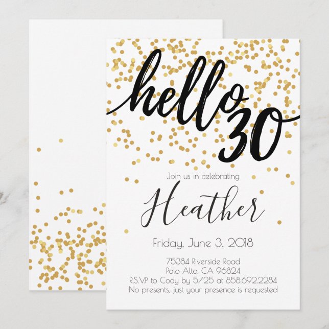 Hallo 30. Geburtstag Gold und Black Confetti Einladung (Vorne/Hinten)