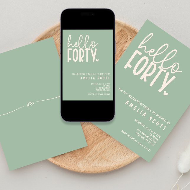 Hallo 40. Geburtstag Modern Sage Minimal Einladung (Von Creator hochgeladen)