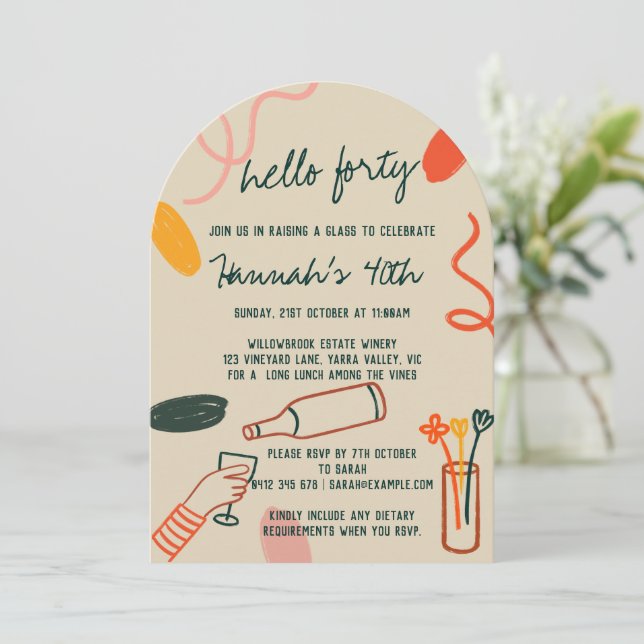 Hallo 40 Weinkellerei Mittagessen Geburtstag Einladung (Stehend Vorderseite)